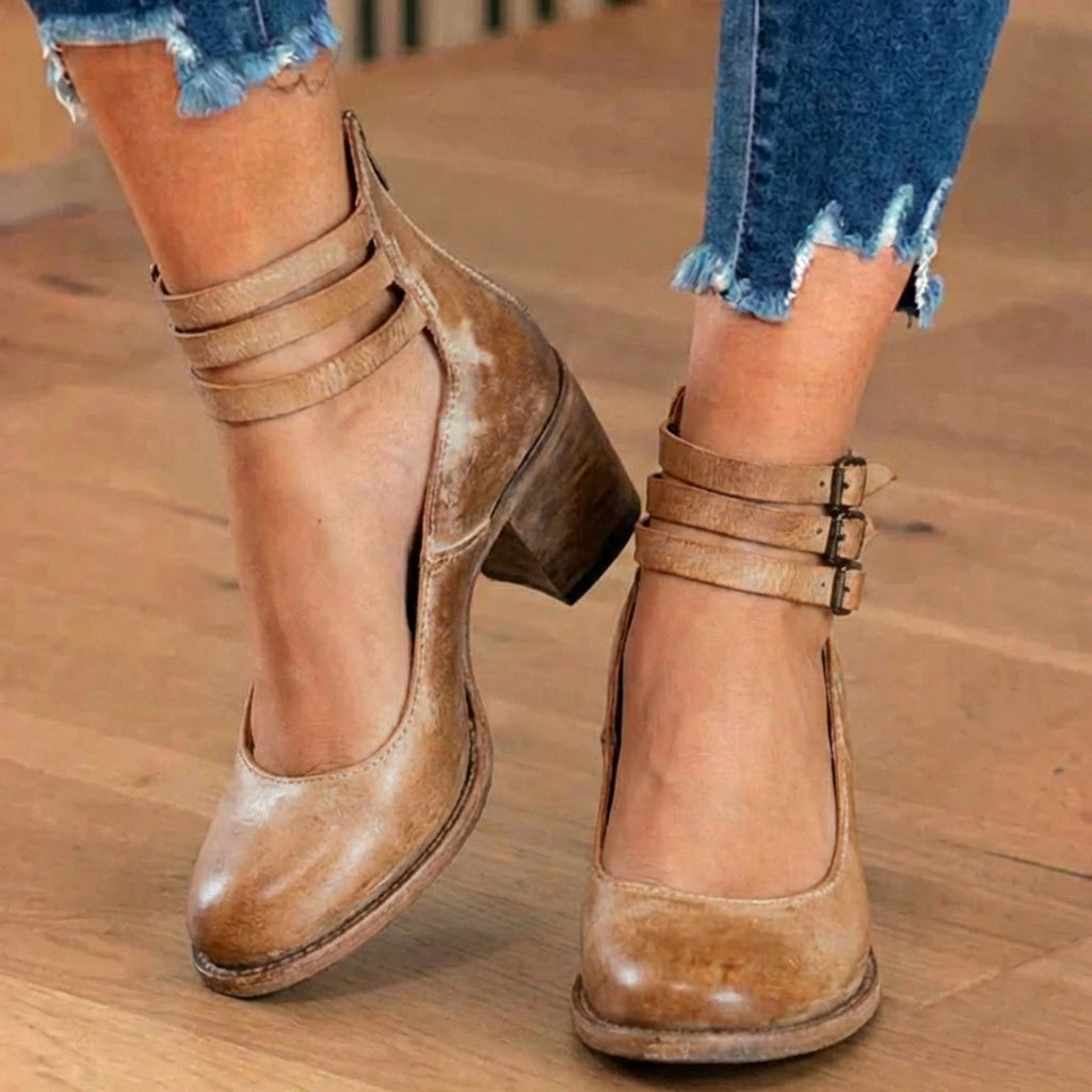 Orthopedic Leather Ankle Boots - Block Heel Double Buckle Strap