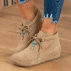 Orthopedic Leather Moccasin Boots - Feather Charm Lace-Up