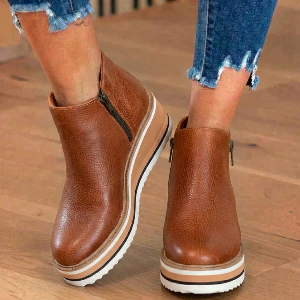 Orthopedic Leather Platform Ankle Boots - Side Zip Wedge